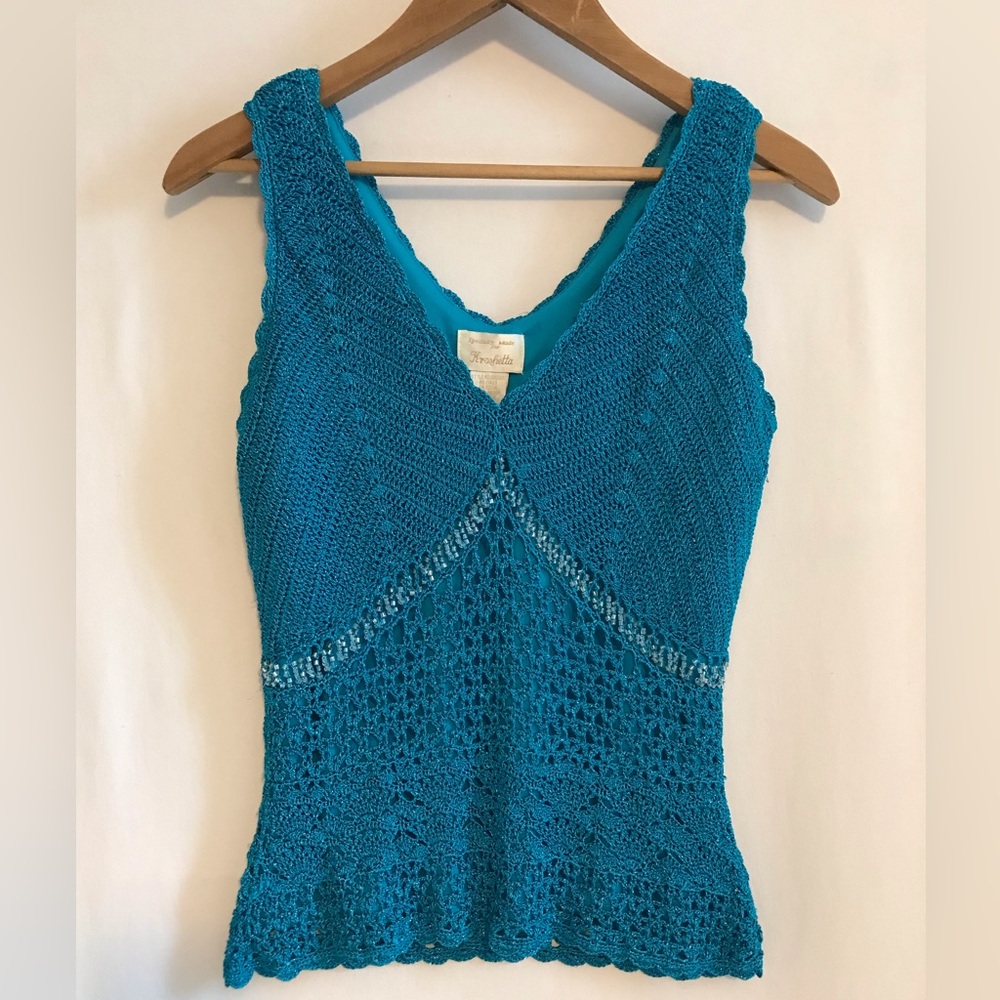 VTG Kroshetta Babydoll Top XL Crocheted Knitted Beaded Metallic Thread Sky Blue